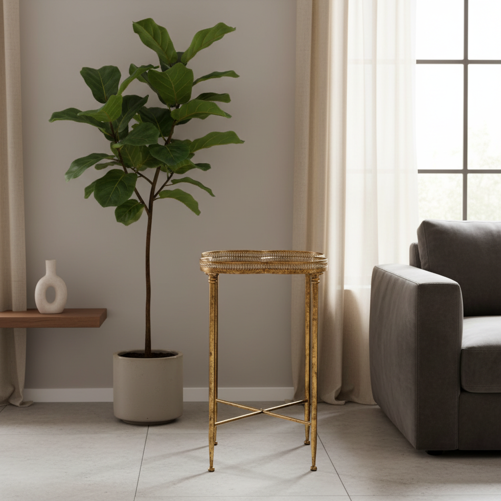 Living room with a potted plant, side table, and sofa.
