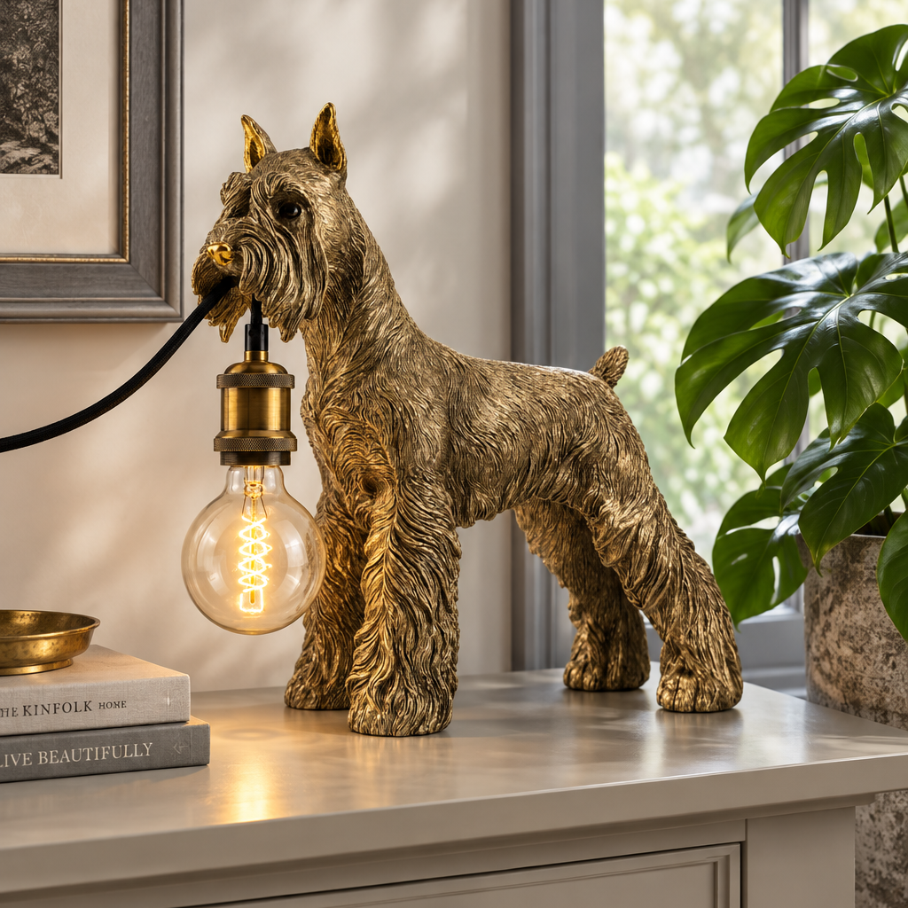 A decorative dog-shaped table lamp in a metallic gold finish stands on a light-colored cabinet beside a potted plant. The lamp has a clear bulb with a visible filament and a black cord extending out of the dog's mouth.