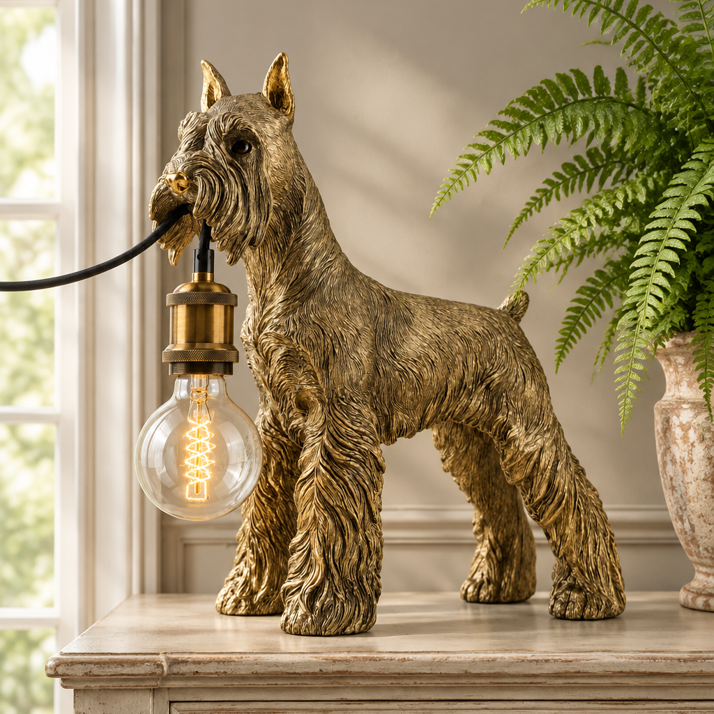 Antique Gold Schnauzer Dog Table Lamp