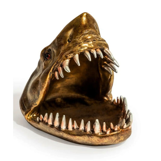 Bronze shark head sculpture on a white background