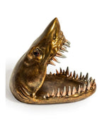 Bronze shark head sculpture on a white background