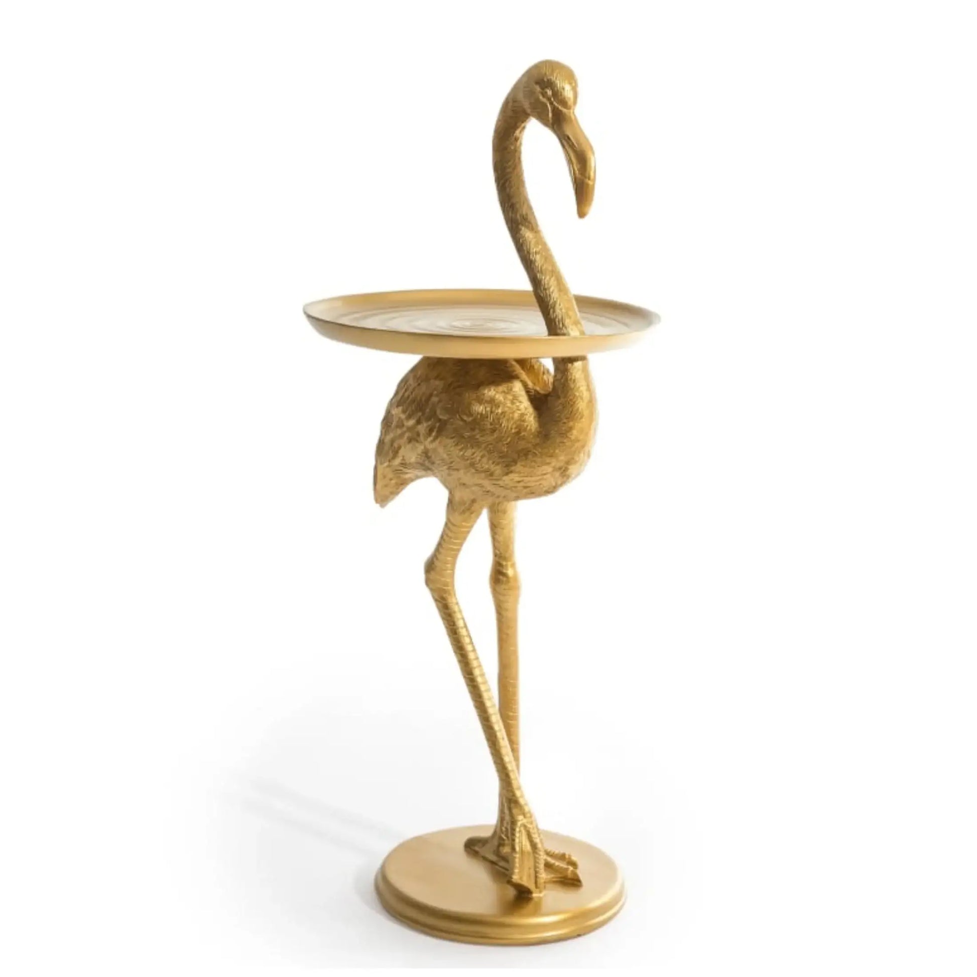 Gold flamingo-shaped side table on a white background