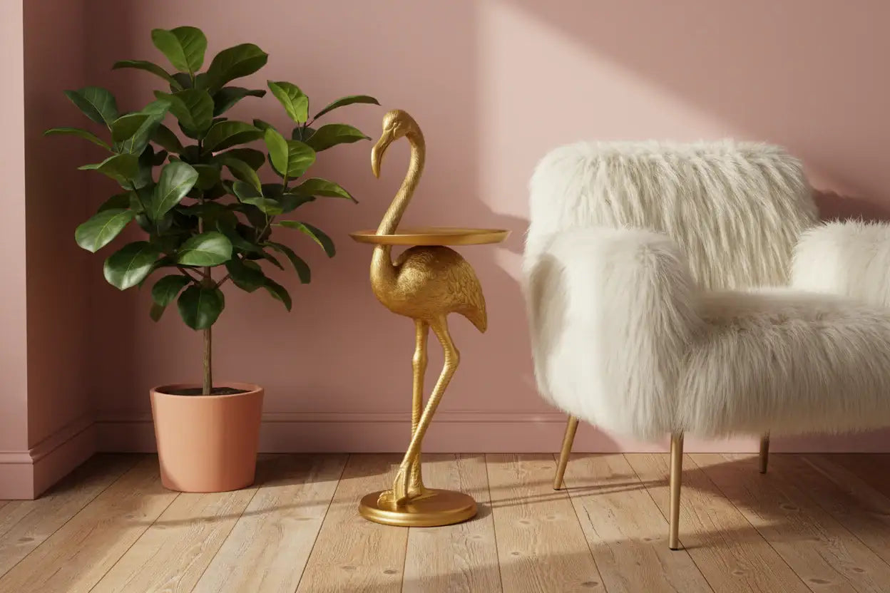 Gold flamingo side table next to a white furry chair and potted plant against a pink wall.