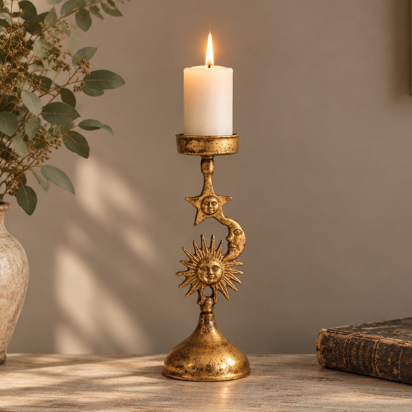 A decorative gold-toned metal candlestick holder with sculpted celestial motifs, including a sun, moon, and stars, holding a lit white pillar candle. The holder is styled on a wooden surface with a neutral background, a potted plant on the left, and an old book on the right.