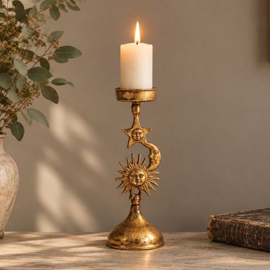 A decorative gold-toned metal candlestick holder with sculpted celestial motifs, including a sun, moon, and stars, holding a lit white pillar candle. The holder is styled on a wooden surface with a neutral background, a potted plant on the left, and an old book on the right.