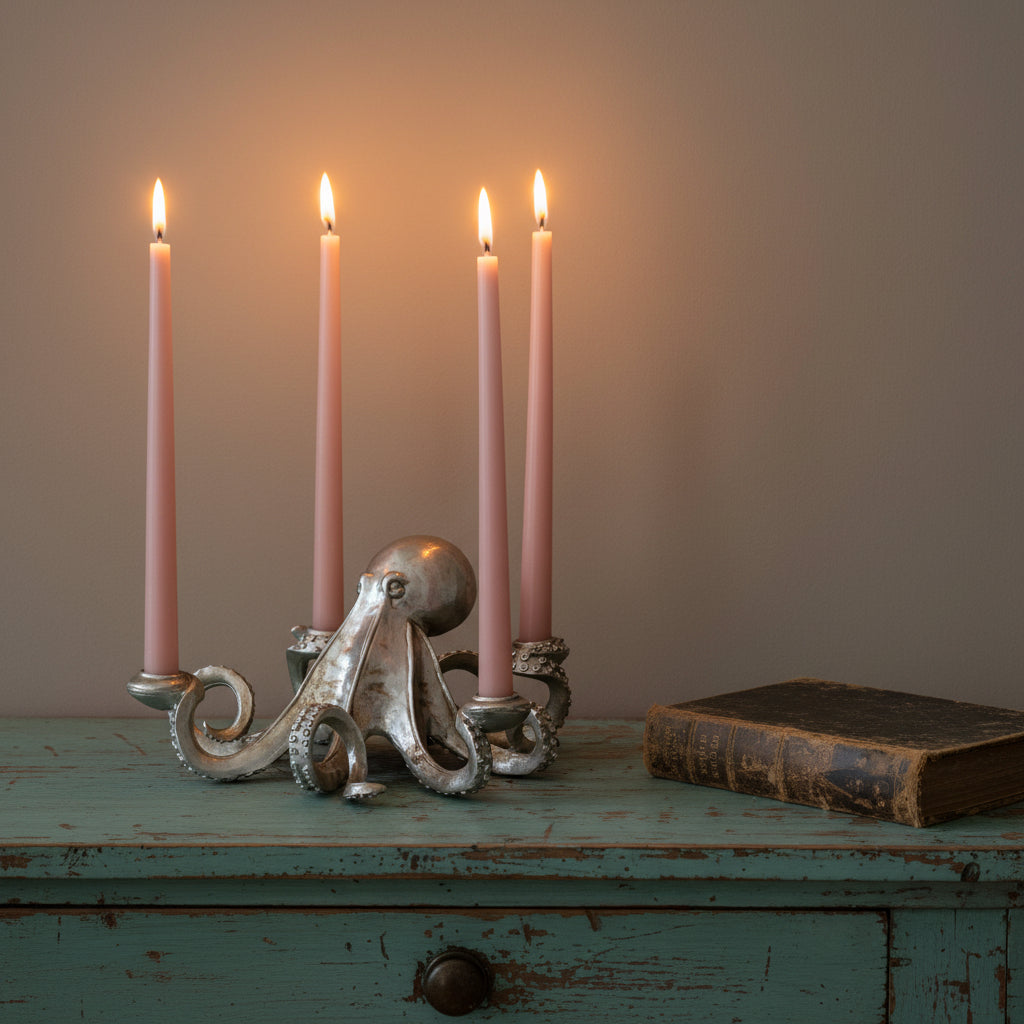 A silver octopus-shaped candle holder with four slim pink taper candles, displayed on a wooden surface against a neutral beige background.