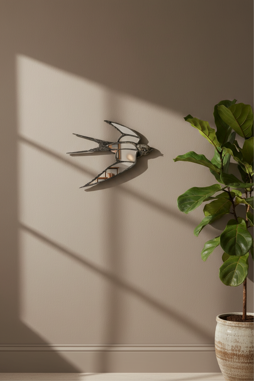 A wall-mounted bird-shaped mirror with a metallic frame and glass panels, displayed on a beige wall with dramatic window shadows. A potted green plant stands to the right, and the scene is styled in a modern interior setting.