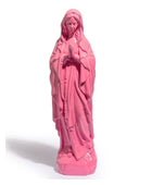 A pink religious figurine of the Virgin Mary, depicted in a prayer pose with rosary in hand, on a white background.