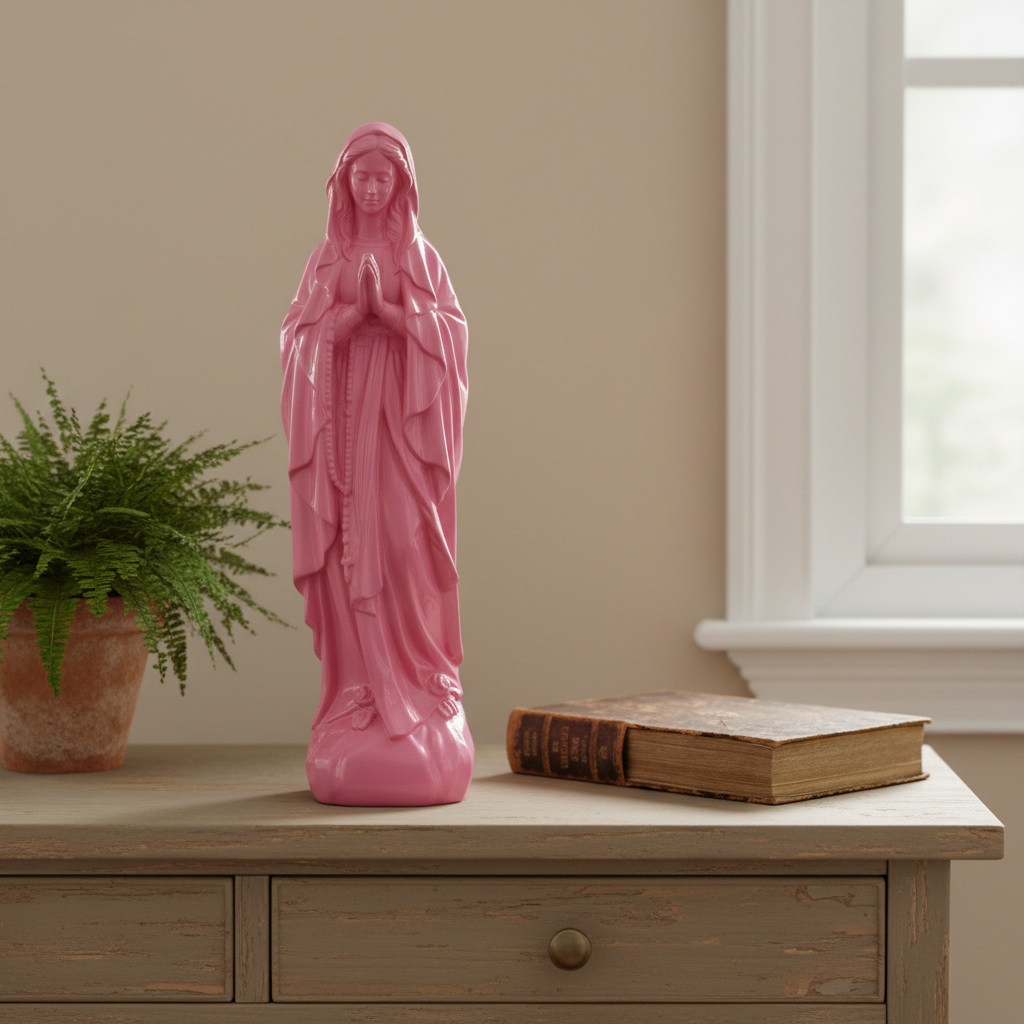A pink religious figurine of the Virgin Mary standing on a light wood console table, with a potted fern on the left and a vintage book on the right, set against a beige wall and a window.