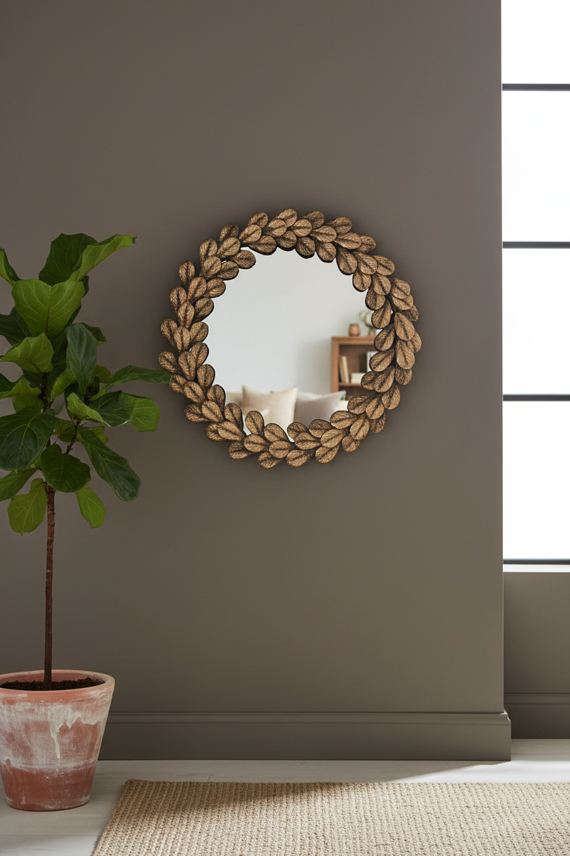 Decorative mirror with leaf pattern on a gray wall next to a potted plant.