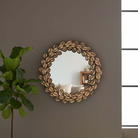 Round decorative mirror with leaf pattern on a wall next to a plant