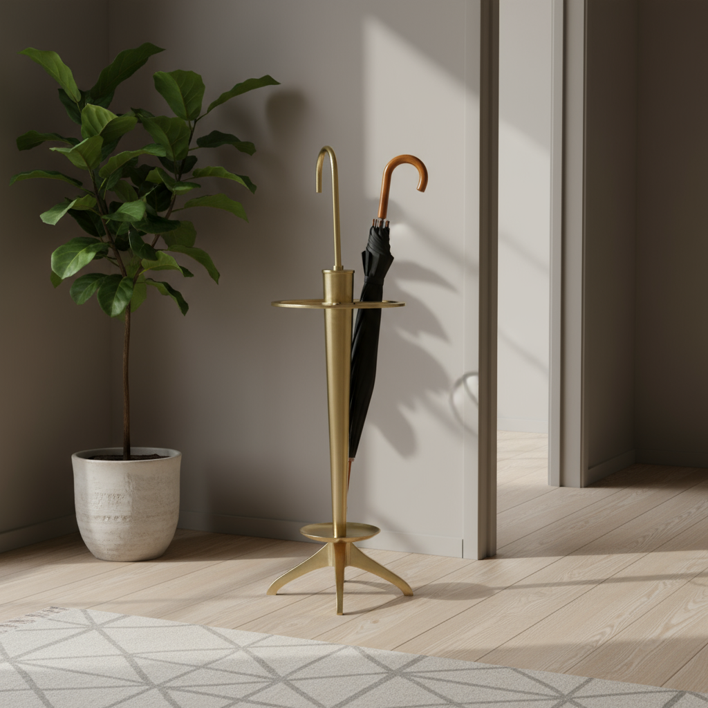 Gold umbrella stand with a plant and open umbrella in a room with wooden floor and white walls.