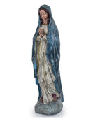 Statue of a religious figure in a blue robe on a white background