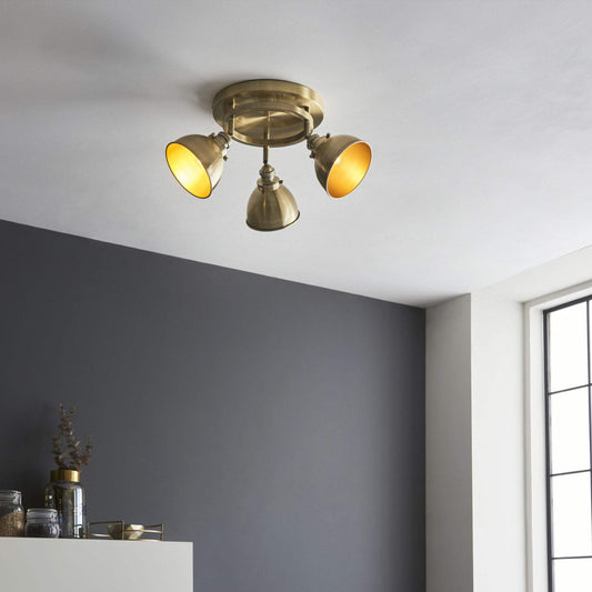 Antiqued Brass 3 Round Ceiling Light - The Farthing