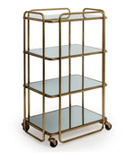 Gold-framed bar cart with glass shelves on a white background