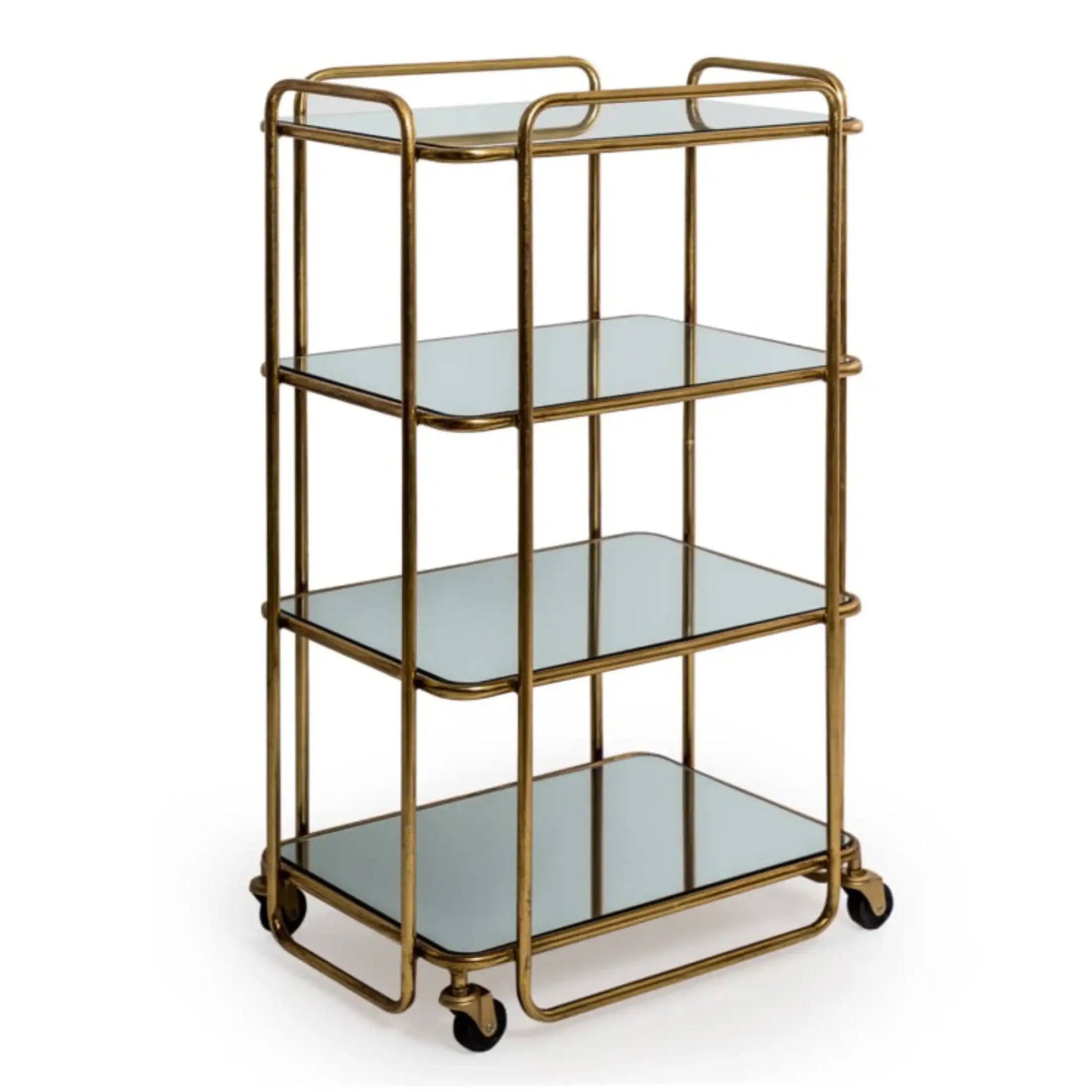 Gold-framed bar cart with glass shelves on a white background
