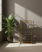 Gold metal bar cart next to a potted plant in a sunlit room