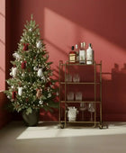 Decorated Christmas tree next to a bar cart with drinks against a red wall.