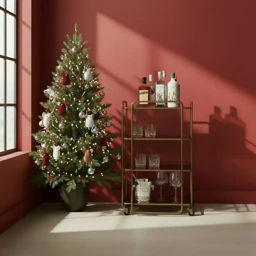 Decorated Christmas tree next to a bar cart with drinks against a red wall.