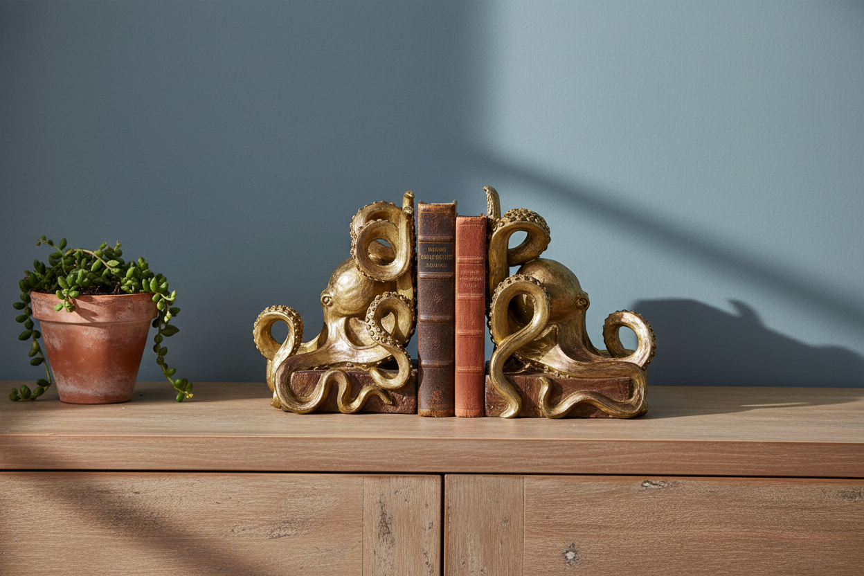 Gold octopus bookends on a wooden surface with a plant and books against a blue wall.