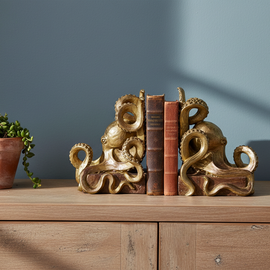 Gold octopus bookends holding books on a wooden surface with a plant in the background.