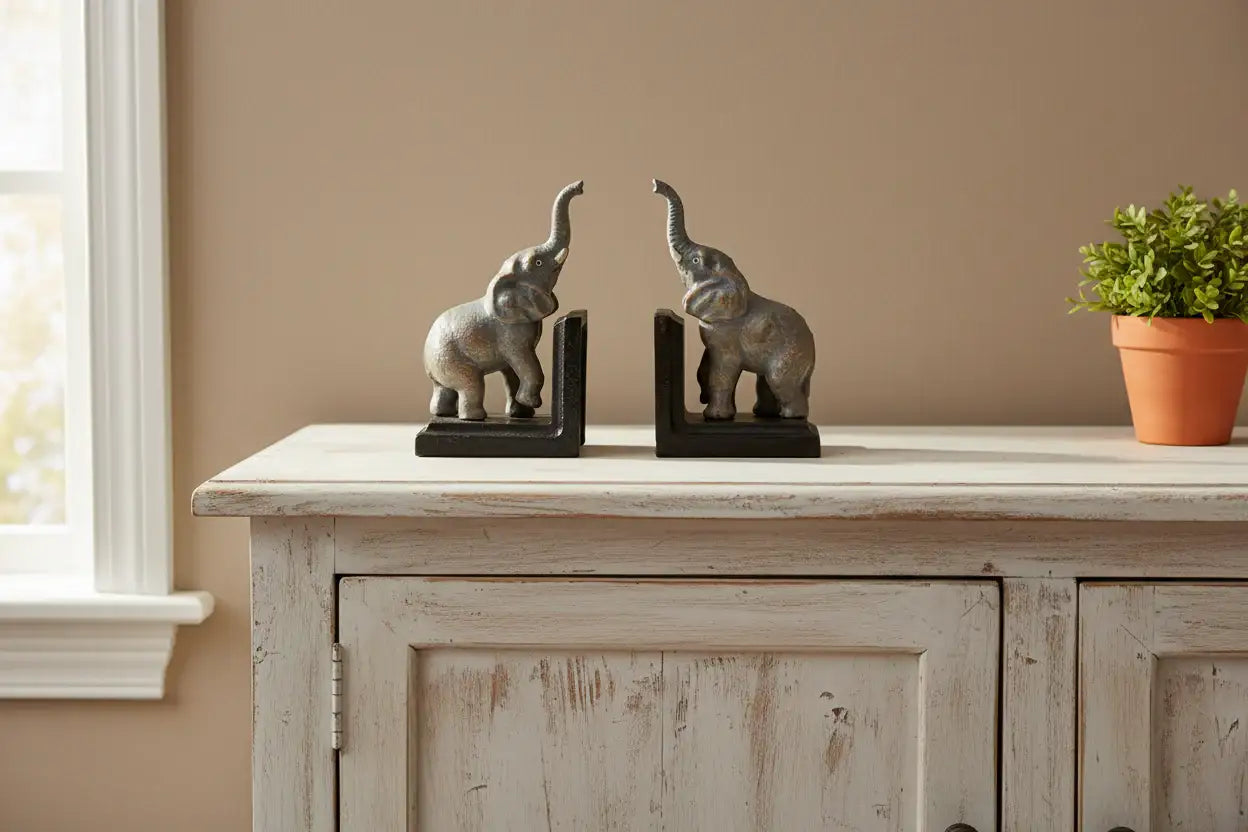 Decorative elephant bookends on a wooden cabinet with a plant in the background.