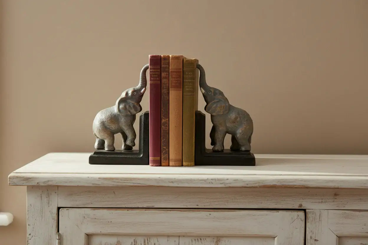 Elephant bookends holding books on a wooden surface with a beige wall background