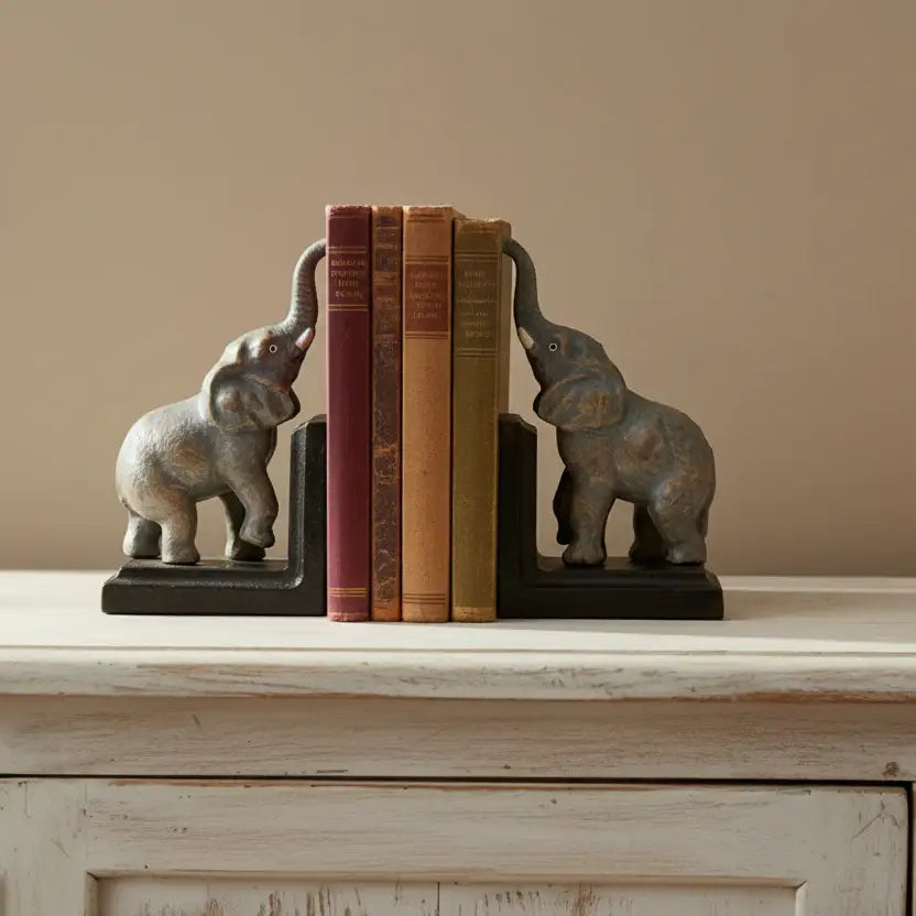 Elephant bookends holding books on a wooden surface with a beige wall background