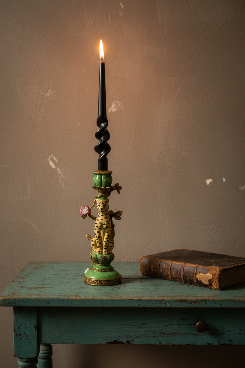 Antiqued Ornate Leopard Dinner Candle Holder 7