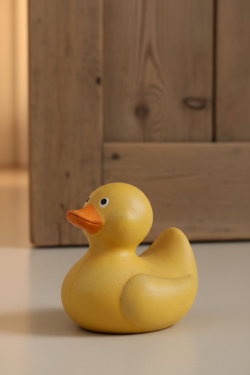 Yellow rubber duck on a wooden floor