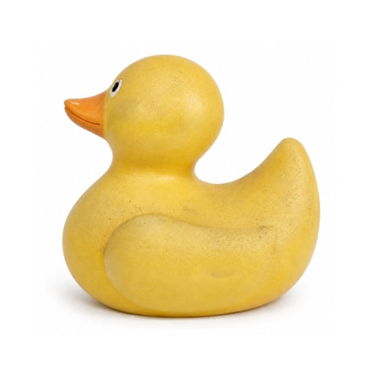 Yellow rubber duck on a white background