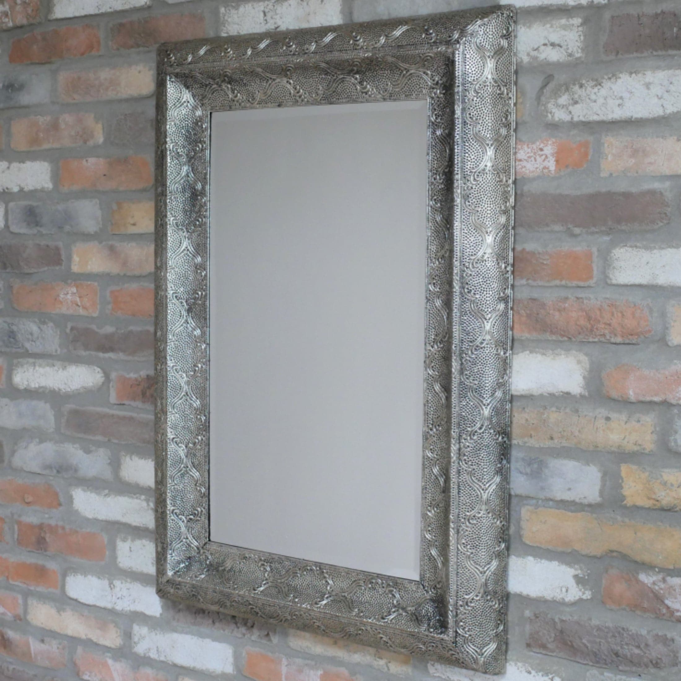 Antiqued Silver Filigree Rectangular Wall Mirror