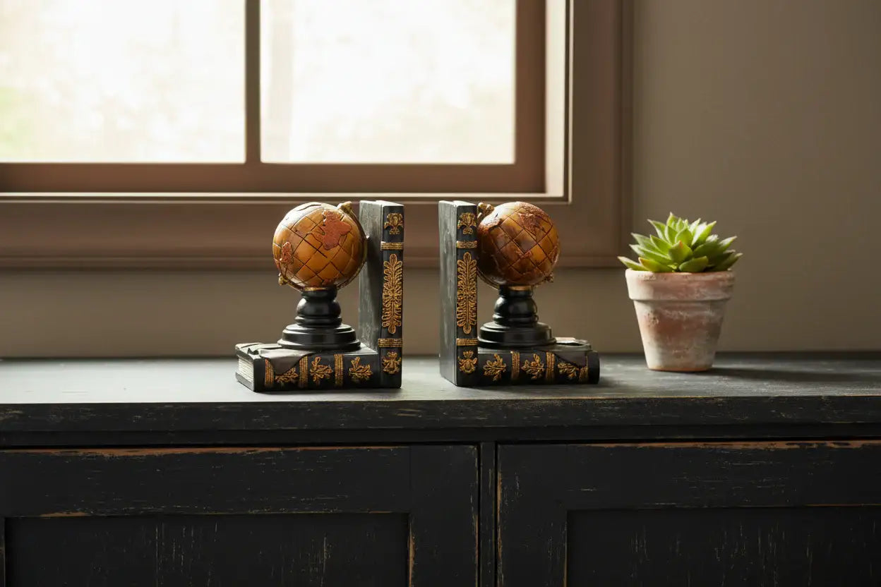 Decorative bookends with globe design on a wooden surface near a window.