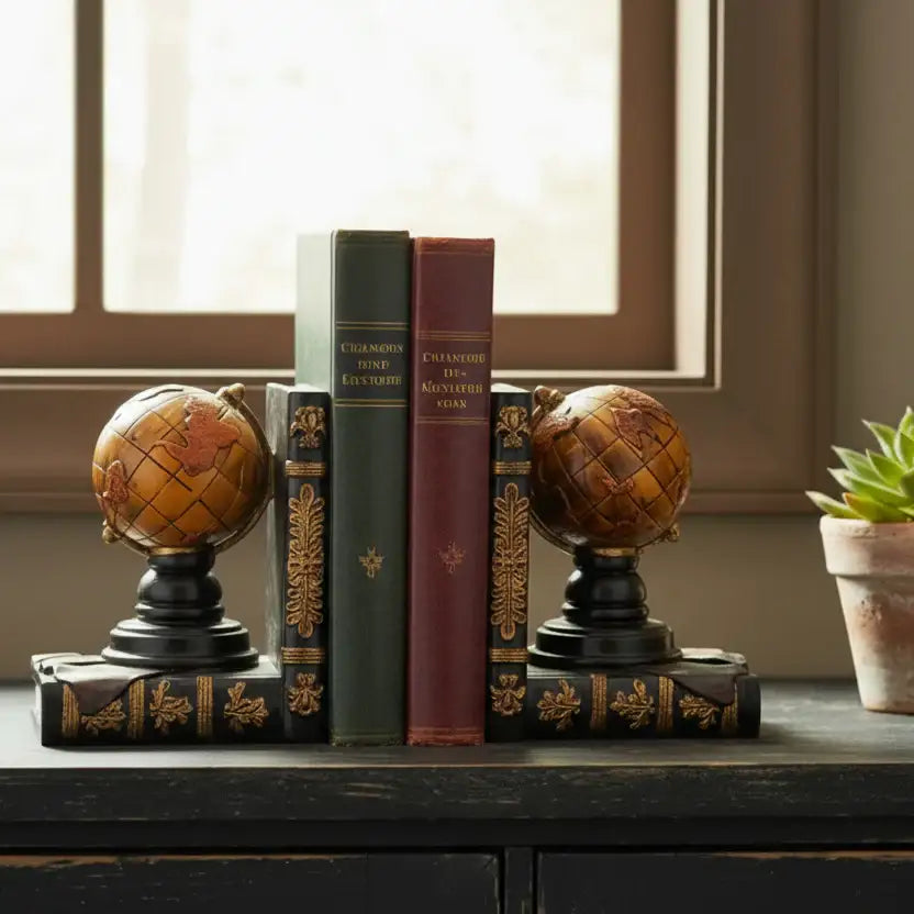 Decorative bookends shaped like globes on a shelf with books and a plant in the background.
