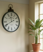 Decorative wall clock on a beige wall with a plant next to a window.