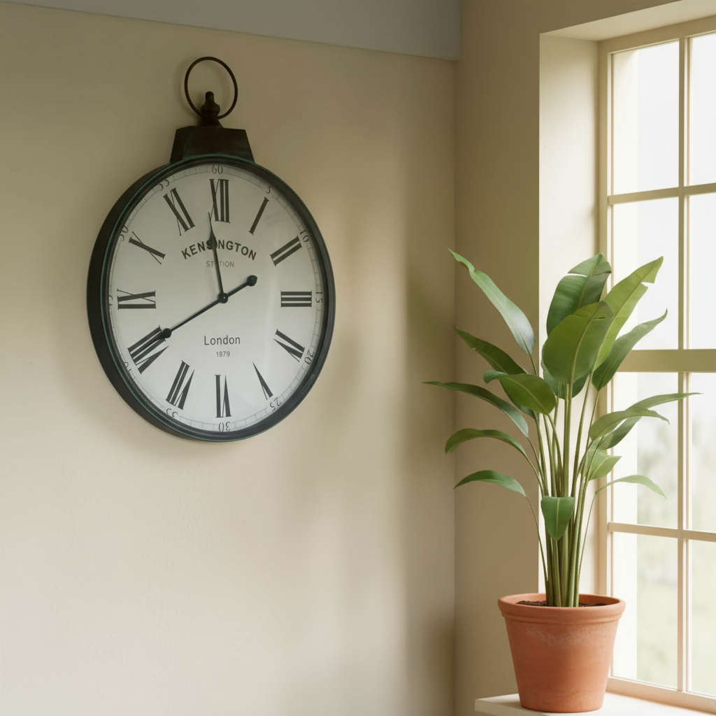 Decorative wall clock on a beige wall with a plant next to a window.