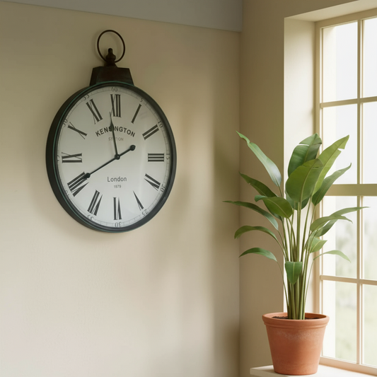 Decorative wall clock on a beige wall with a plant next to a window.