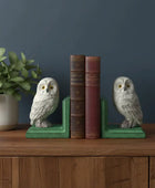 Owl bookends on a wooden surface with books and a plant against a dark blue wall.