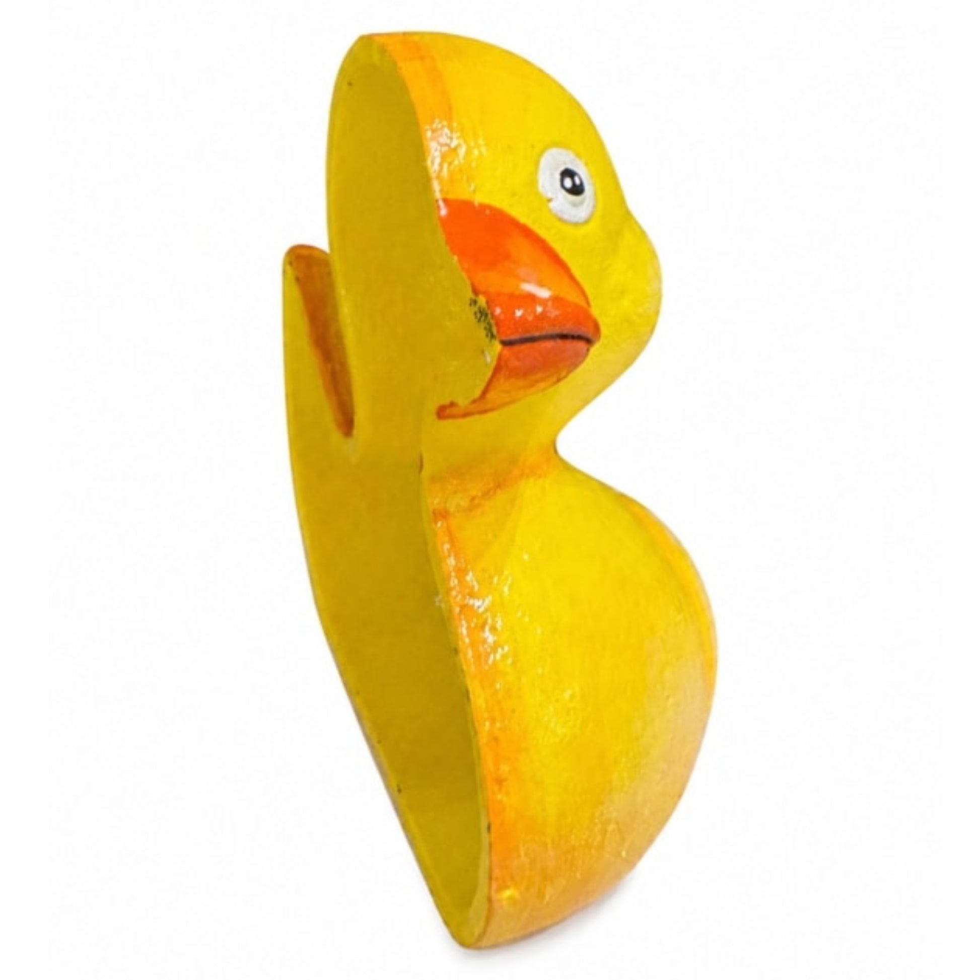 A hand-painted wooden duck toy in bright yellow with an orange beak and a white eye, shown against a plain white background.