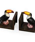 Two toucan bookends on a white background