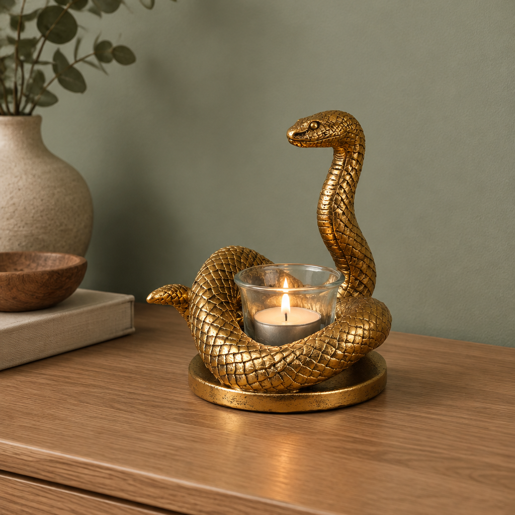 A gold-toned snake-shaped candle holder with a lit tealight candle in a clear glass holder, displayed on a wooden table against a muted green wall.