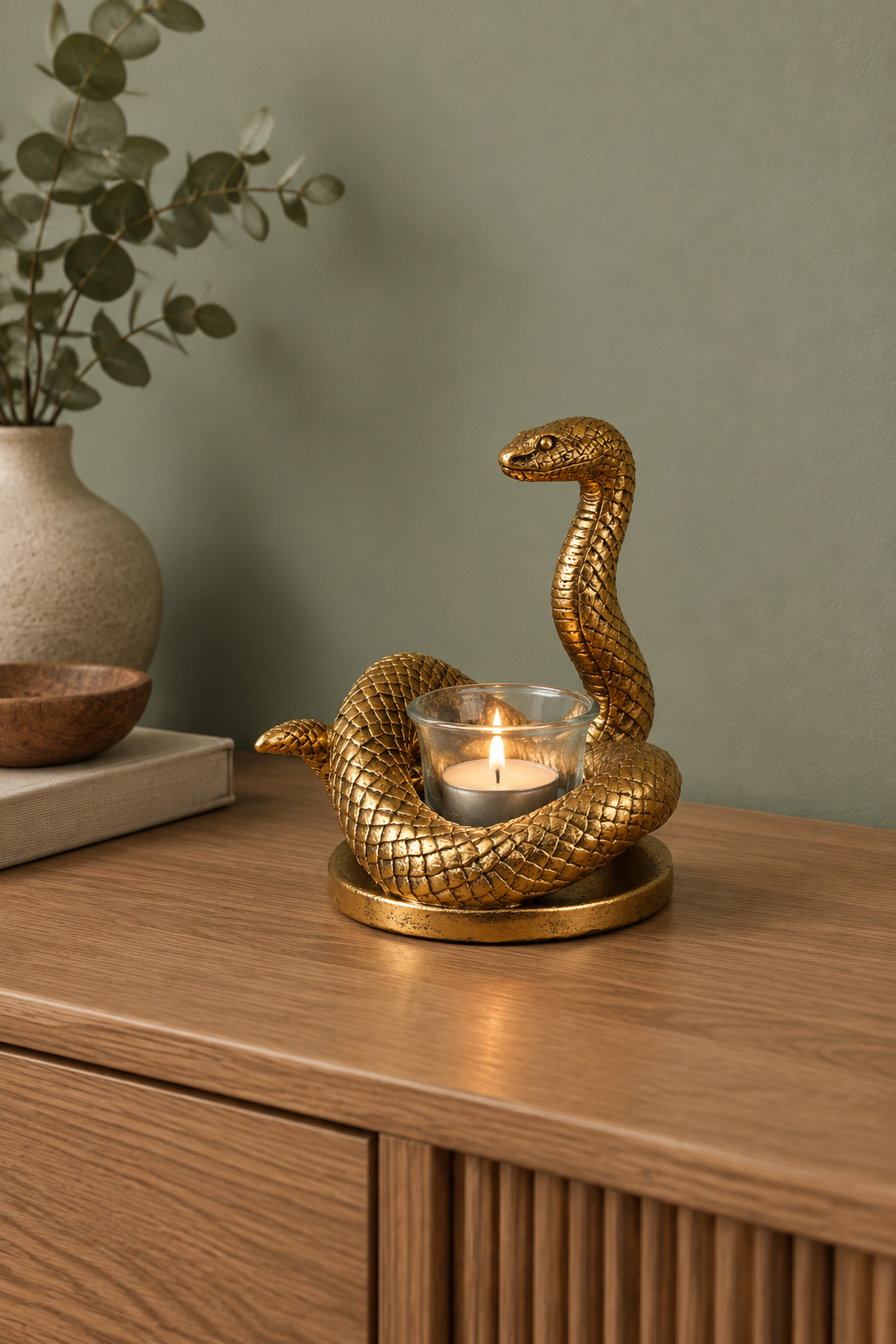 A gold-toned snake figurine candle holder with a lit tealight candle in a glass holder, displayed on a wooden sideboard against a sage green wall.