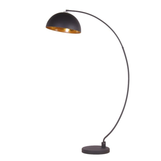 Black arch floor lamp with a gold interior on a white background