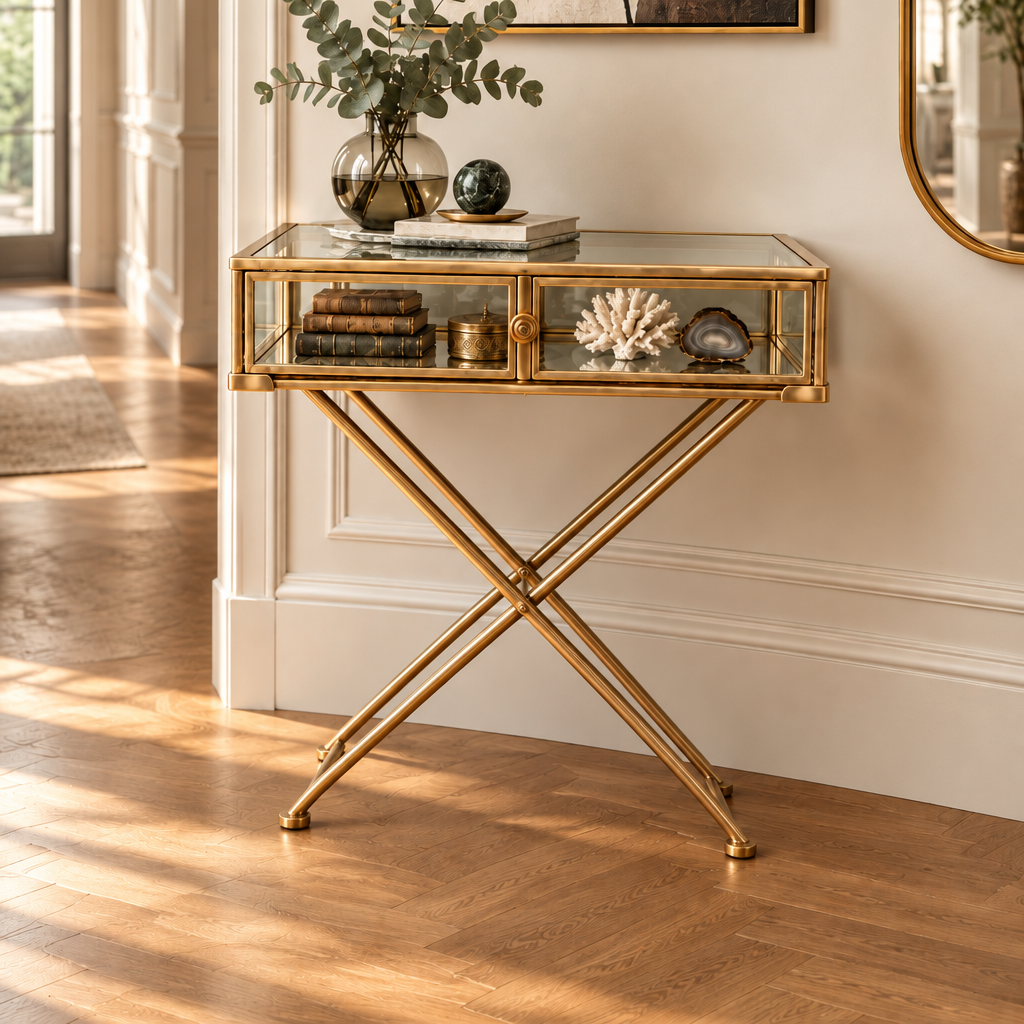 Art Deco Antique Gold Glass Curiosity Side Table