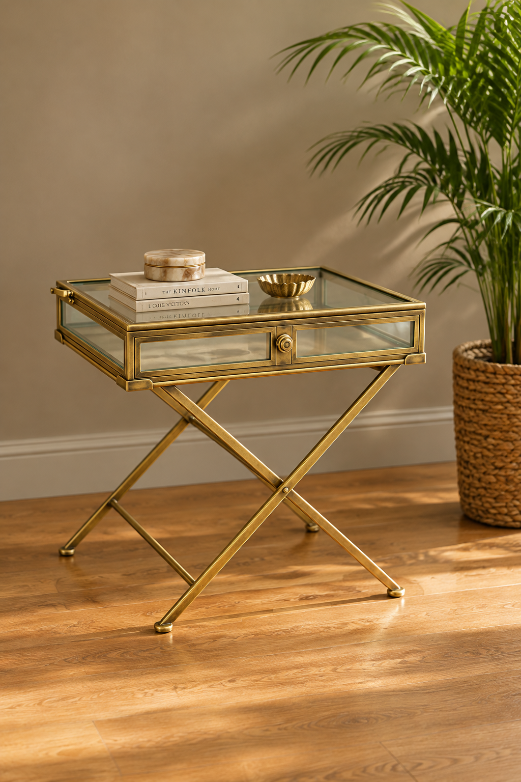 Art Deco Antique Gold Glass Curiosity Side Table