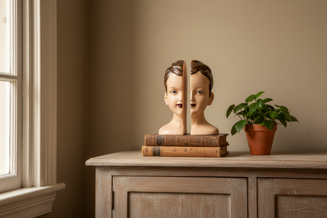 Bookend shaped like a boy's head on a wooden cabinet with a plant
