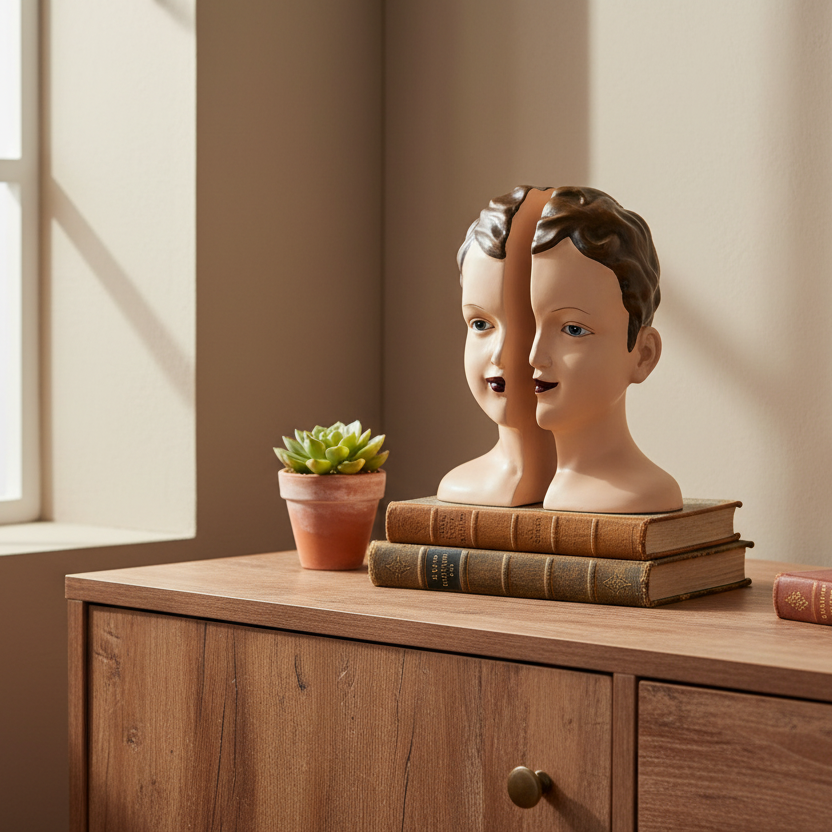 Two mannequin heads on books with a potted plant on a wooden surface near a window.