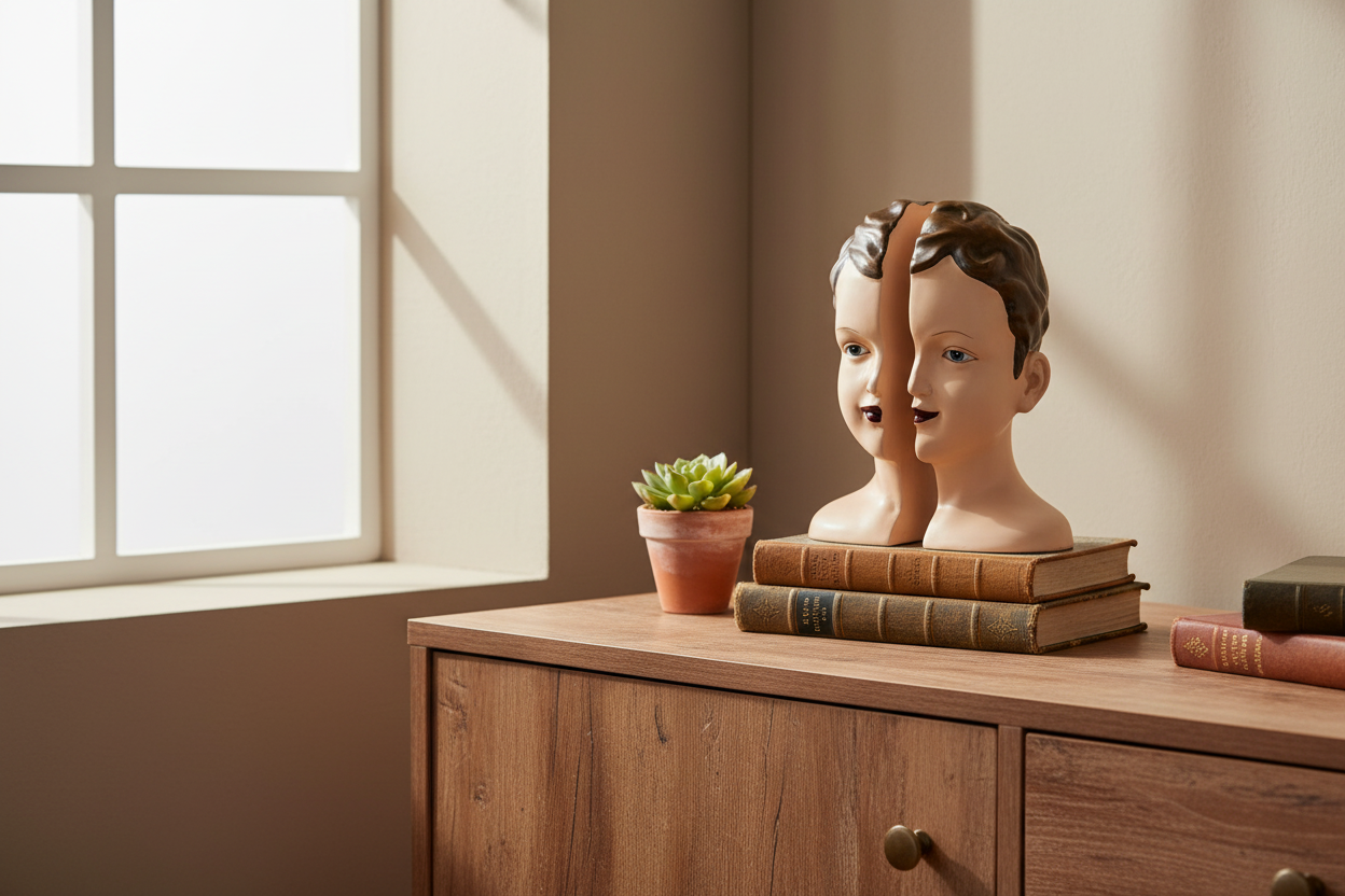 Two mannequin heads on books with a potted plant on a wooden surface near a window.