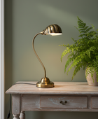 A brass desk lamp with a curved neck and ribbed shade sits on a distressed white wooden table next to a potted fern against a muted sage green wall.