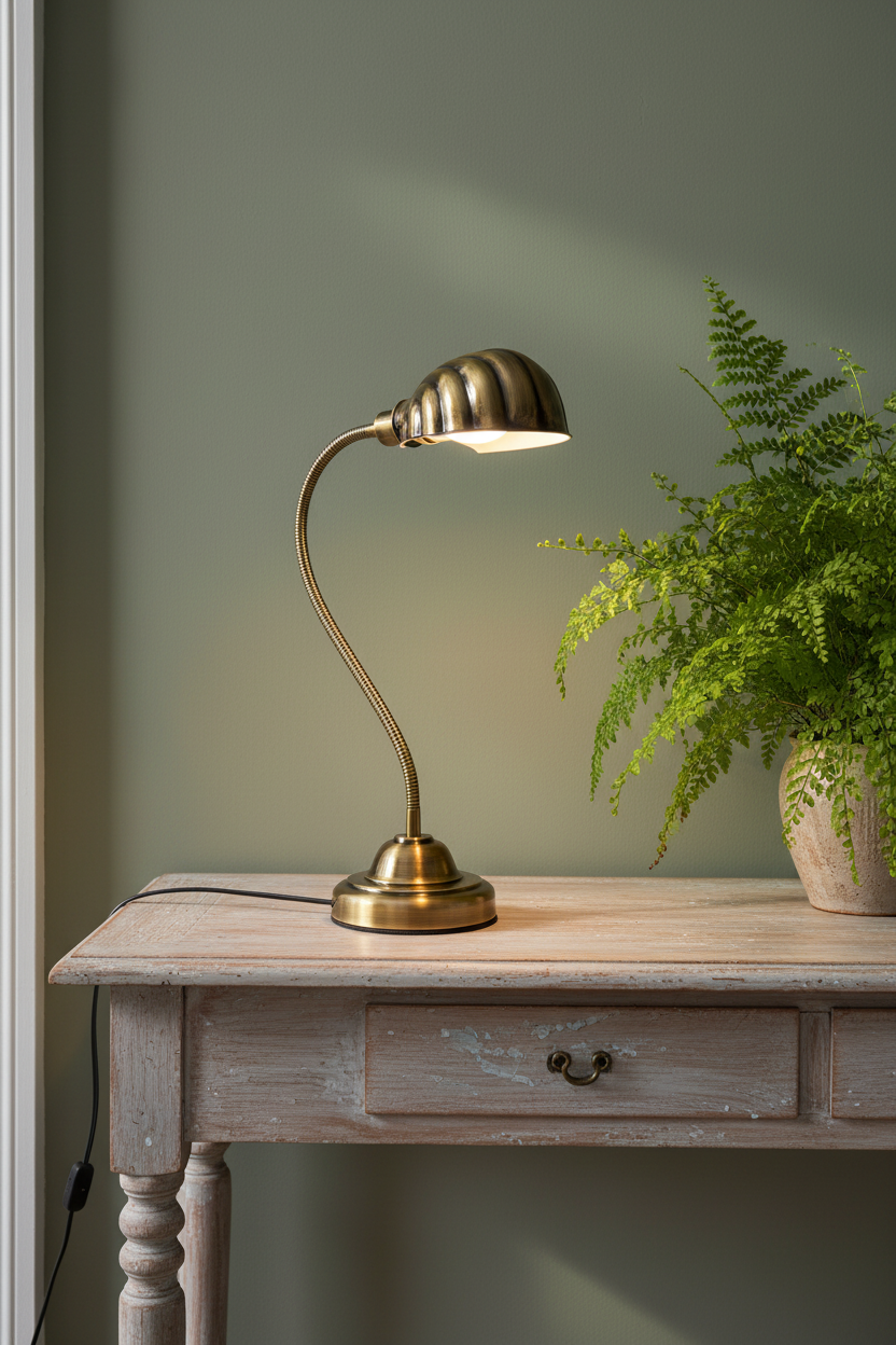 A brass desk lamp with a curved neck and ribbed shade sits on a distressed white wooden table next to a potted fern against a muted sage green wall.